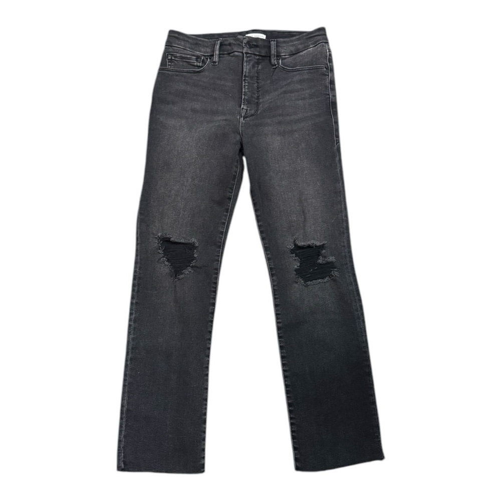 GOOD AMERICAN Black Distressed Denim Jeans Legs Straight High Waist 10 Raw Hem